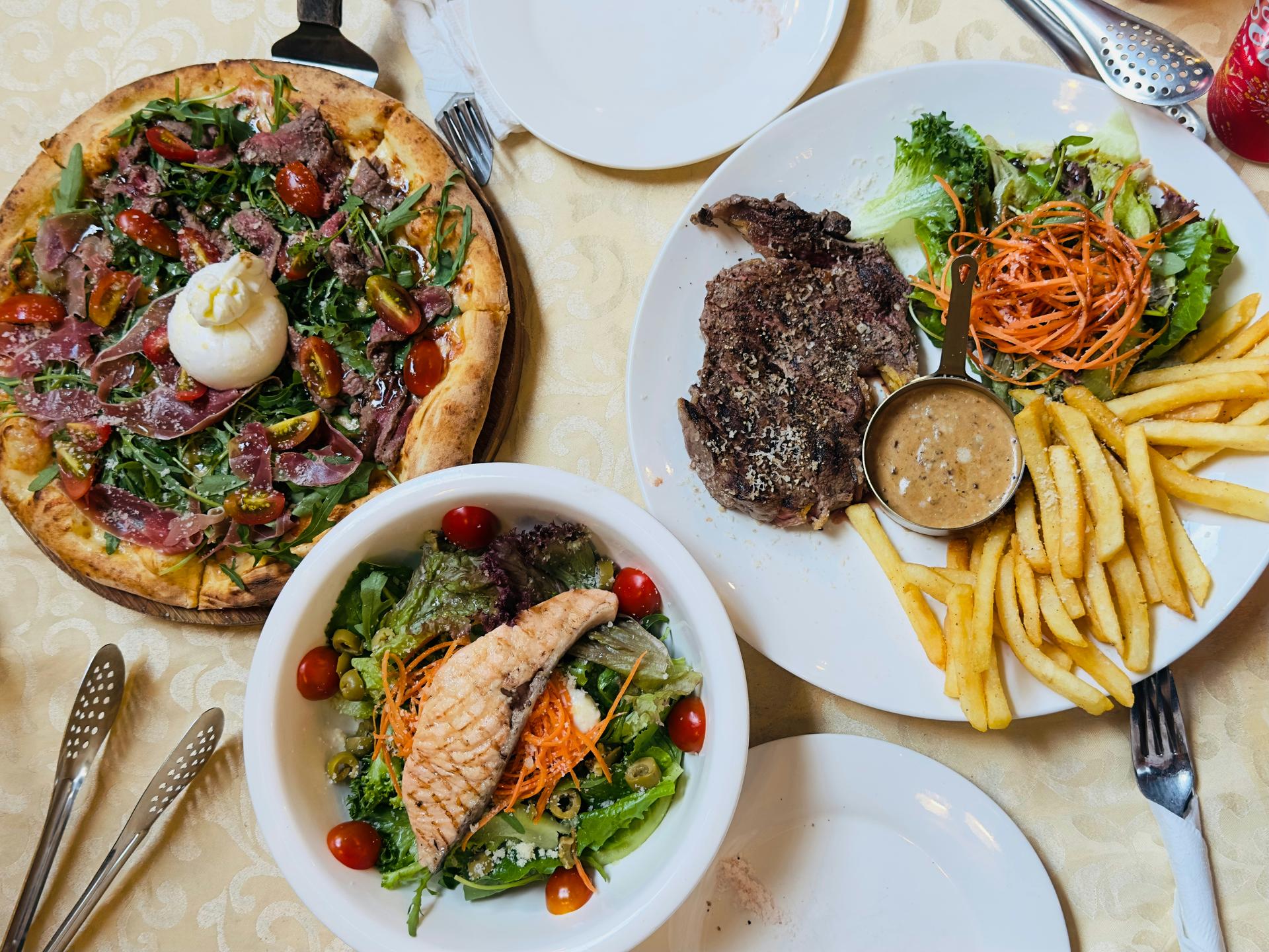 Steak-pizza-fish-dinner