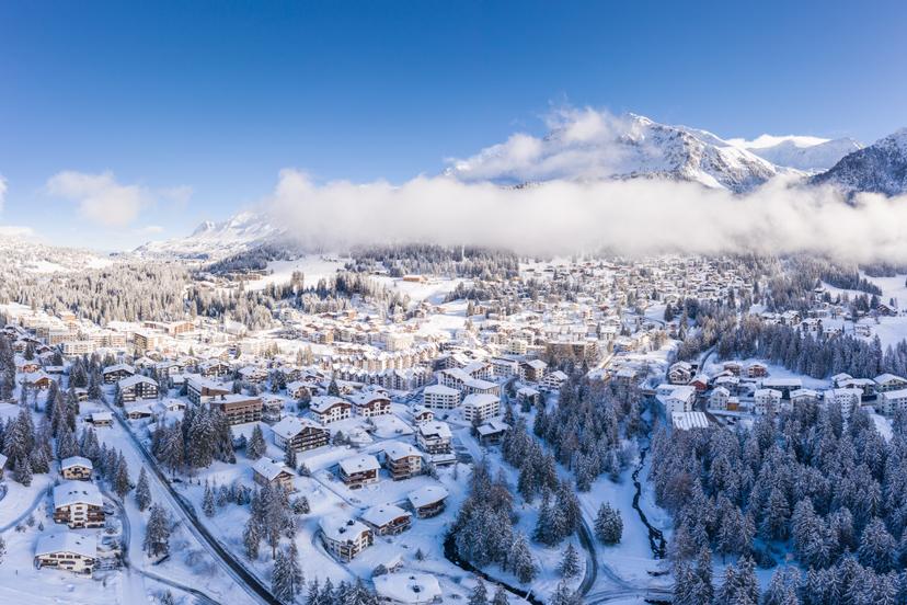 Lenzerheide ski resort town after heavy snowfall in winter